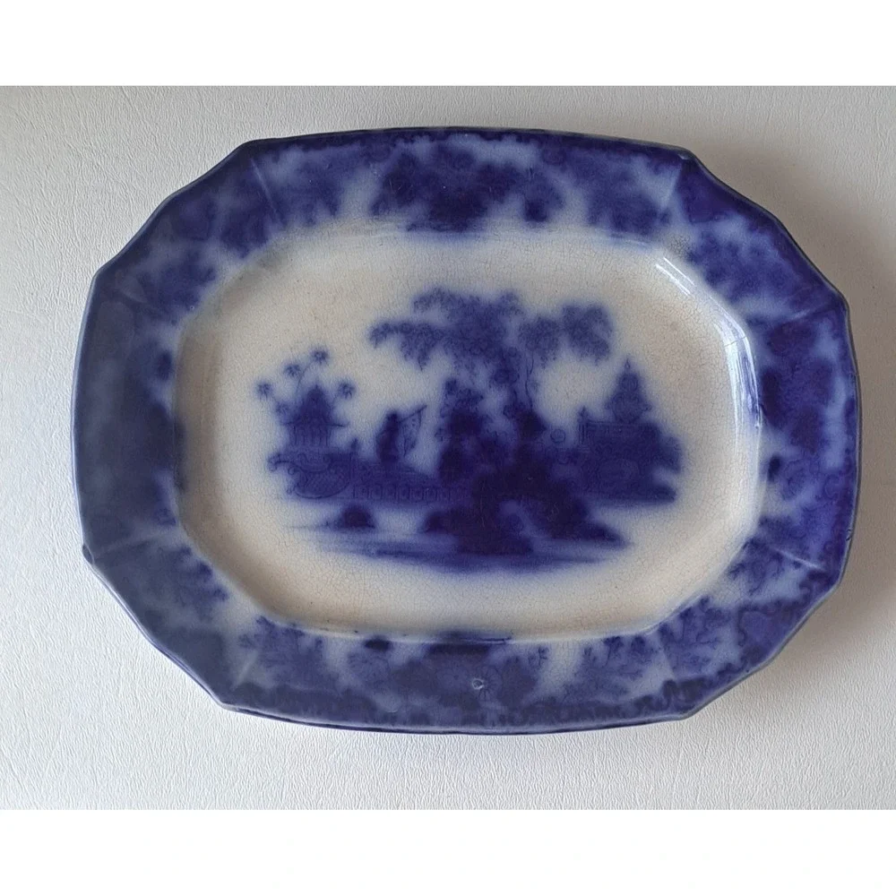 Antique Flow Blue Ironstone Platter "Scinde" by J & G Alcock Rare 10x8 - Picture 1 of 4